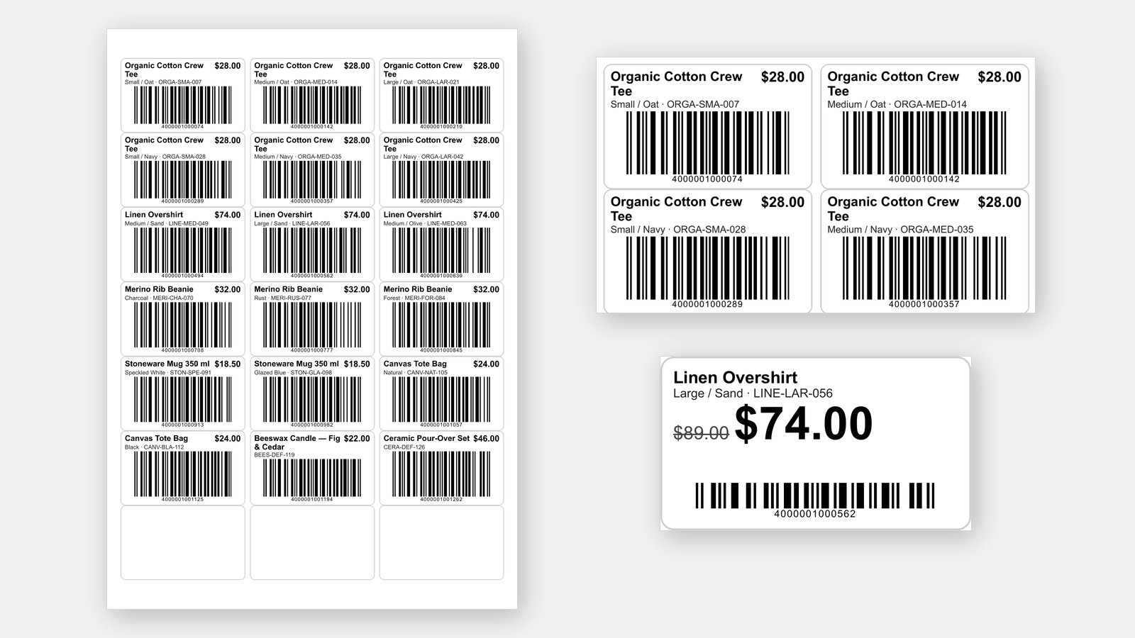A sheet of barcode labels and a thermal shelf label printed by Docfire
